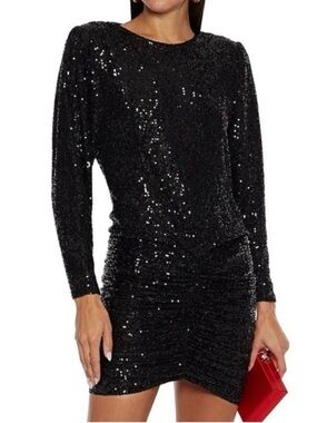 Retrofete Flynn Black Sequin Ruched Mini Dress with Long Sleeves and Open Back